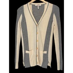 BCBG Maxazria Runway Cardigan Sweater Womens Small Striped Gray Cream Wool Light